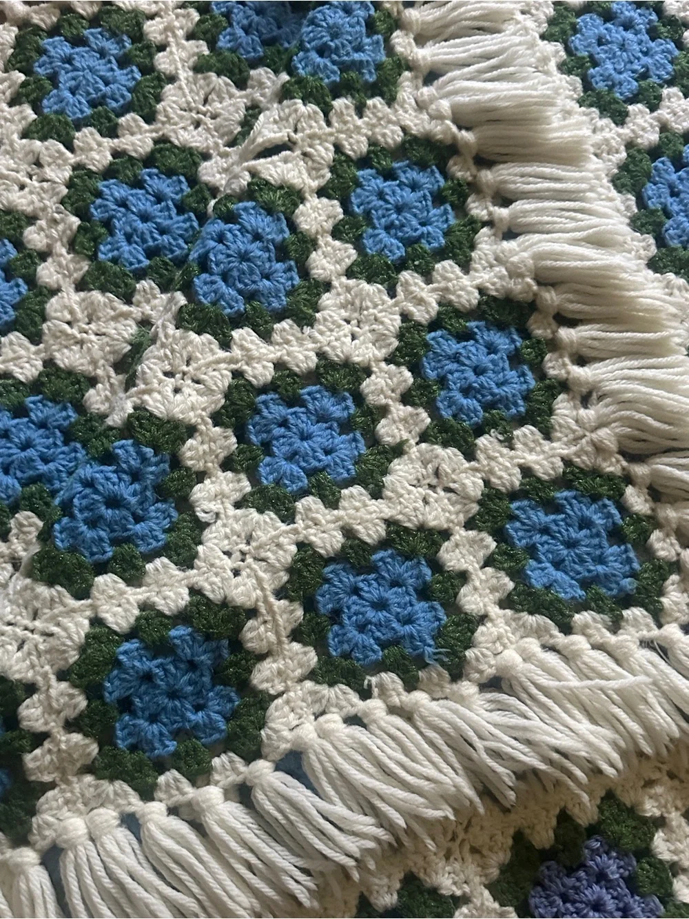 Handmade Crochet Throw Blanket in Blue, Green & Cream fringe edge
